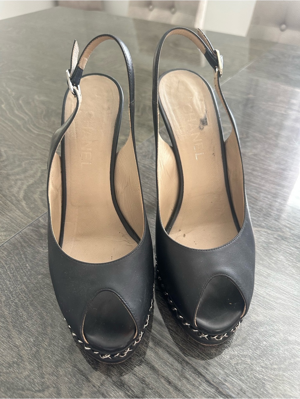 CHANEL Black Peep-Toe Slingback Heels with Chain Trim